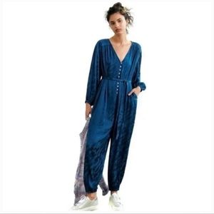 EUC Anthropologie Laurentia Blue Jacquard Button Front Jumpsuit in Women's Large